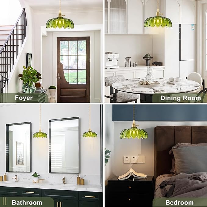 2 Pack Glass Pendant Lights Kitchen Island, Vintage Brass Pendant Light Fixtures, Adjustable Green Kitchen Pendant Lighting Over Island for Bedroom Living Room Hallway Dining Room