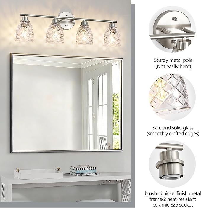 4-Light Bathroom Light Fixtures, Modern Brushed Nickel Vanity Light Over Mirror, Wall Sconce with Clear Hammered Glass Shades, E26 Base (Bulbs Not Included)