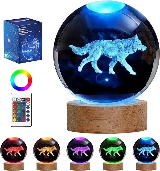 Wolf Night Light, 3D Crystal Ball Lamp with 16 LED Color Changing & Remote, 3.15 Inch Unique Desk Decor, Gift for Men/Kids, Birthday Christmas Home Room Decoration, Wolf Lamp