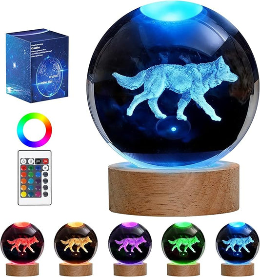 Wolf Night Light, 3D Crystal Ball Lamp with 16 LED Color Changing & Remote, 3.15 Inch Unique Desk Decor, Gift for Men/Kids, Birthday Christmas Home Room Decoration, Wolf Lamp