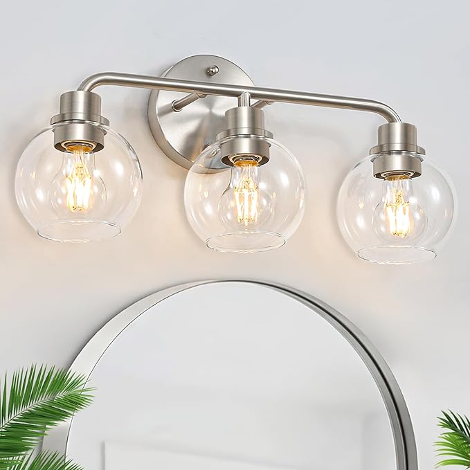 3 Light Bathroom Vanity Light Fixtures, Brushed Nickel Vanity Lights with Clear Globe Glass Shades, Modern Bathroom Lights Wall Sconce Wall Lamp for Mirror Living Room Kitchen Bedroom Hallway