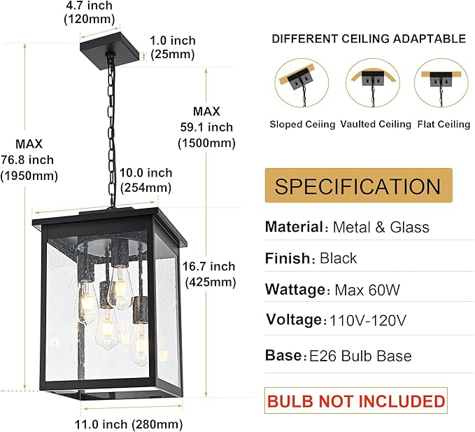 TODOLUZ 4-Lights Large Outdoor Pendant Light Fixture, Farmhouse Waterproof Black Porch Hanging Lighting with Adjustable Chain, Seeded Glass Panel & E26 Bulb Base for Patio Garden Entryway