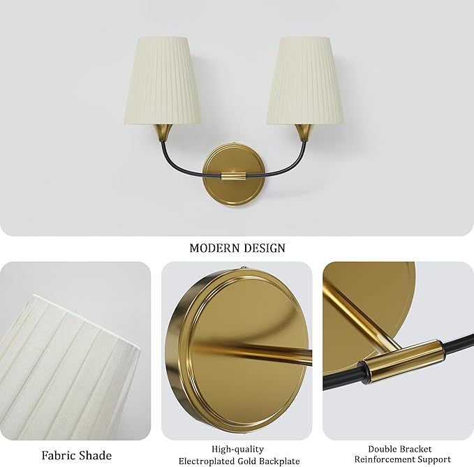 Bathroom Vanity Light with Fabric Shade, 2-Light Bathroom Vanity Light Over Mirror, Modern Light Fixtures for E26 Bulb, Flared Wall Lights for Bedroom, Hallway, Entryway (Black Gold)