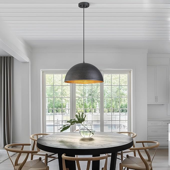 15.7" Farmhouse Pendant Lights Kitchen Island,Black and Silver Hammered Large Industrial Chandelier,Adjustable Metal Dome Pendant Lights for Dining Room,Bedroom,Hallway