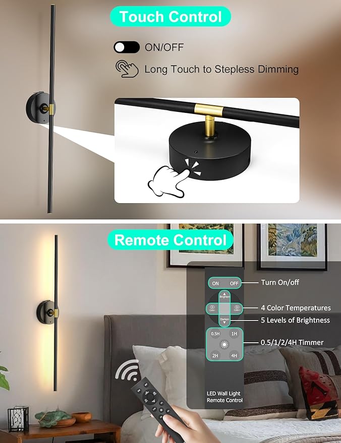 Battery Operated Wall Sconces Set of 2: 10000mAh Rechargeable Wall Lights for Living Room, Dimmable LED Wireless Wall Lamp 360° Rotate Modern Home Decor for Bedroom Hallway Picture Lighting Bathroom