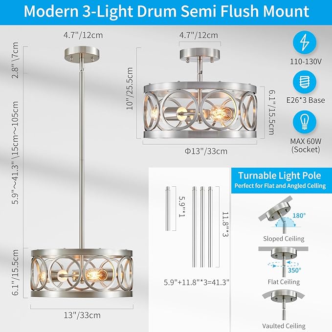 XINGQI 13” Chandelier Brushed Nickel 3-Light Rustic Ceiling Light Modern Adjustable Height Pendant Lighting Fixture Antique Drum Lamp for Living Room Bedroom Entryway Corridors