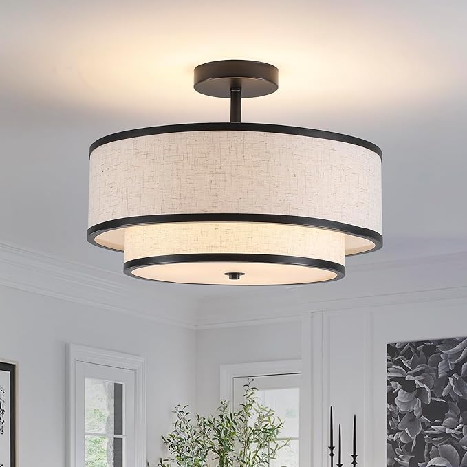 Semi Flush Mount Ceiling Light, 3-Light Double Drum Ceiling Light Fixture with Fabric Shade, Farmhouse Chandelier Dining Room Light Fixture for Bedroom, Kitchen, Hallway (Black)