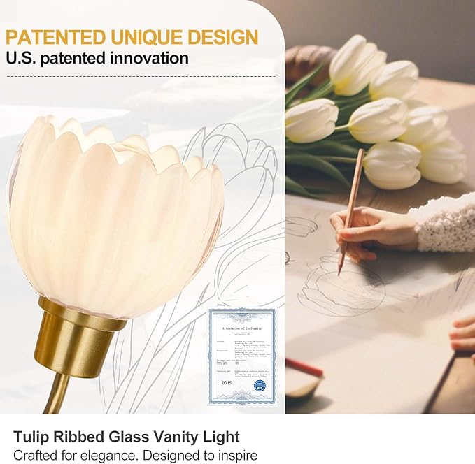 Bathroom Light Fixtures, 2-Light Gold Vanity Light Fixtures with White Tulip Glass Shades, Bathroom Lighting Fixtures Over Mirror for Bedroom, Living Room & Hallway (Bulbs Not Included)