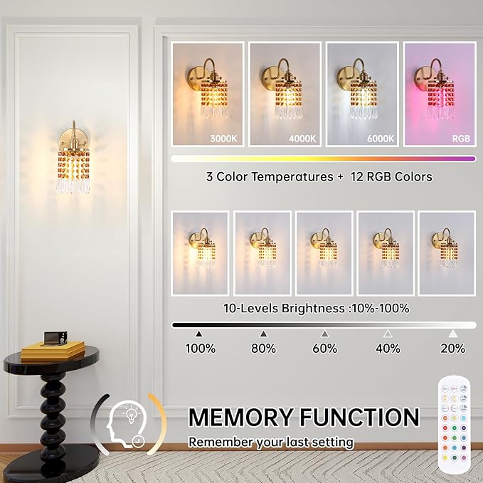Shenmoyl Set of 2 Crystal Battery Operated Wall Sconce, Rechargeable Battery Powered Wall Lamp with Remote Control, Modern Dimmable Wall Lights for Bedroom Bathroom(Tawny, Gold Base)