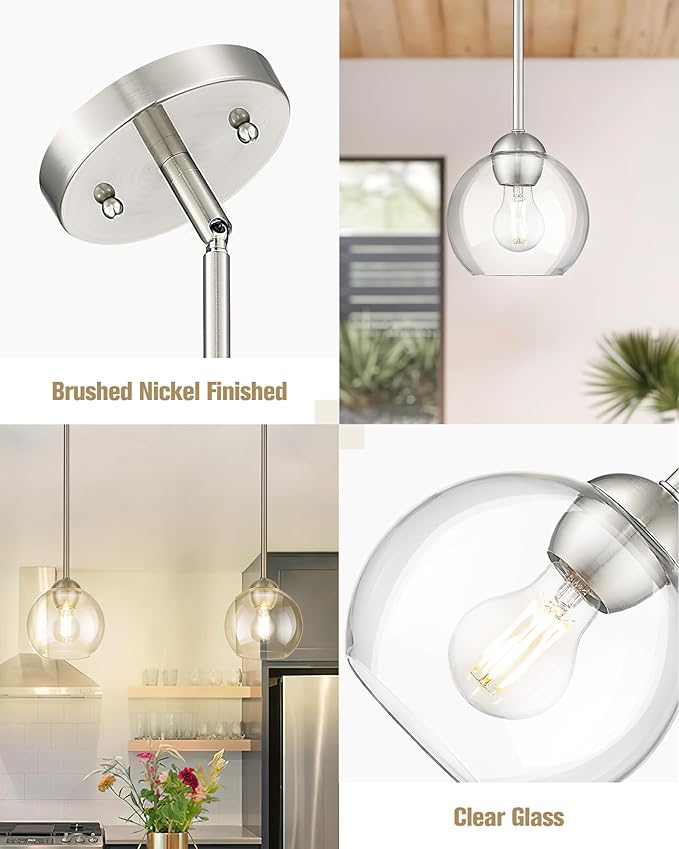 Emak 2 Pack Brushed Nickel Pendant Light Fixtures, 7 Inch Globe Pendant Lights with Clear Glass Shade, 1-Light Hanging Lights for Kitchen Island, Bathroom, Dining Room, PL119-BN-2PK
