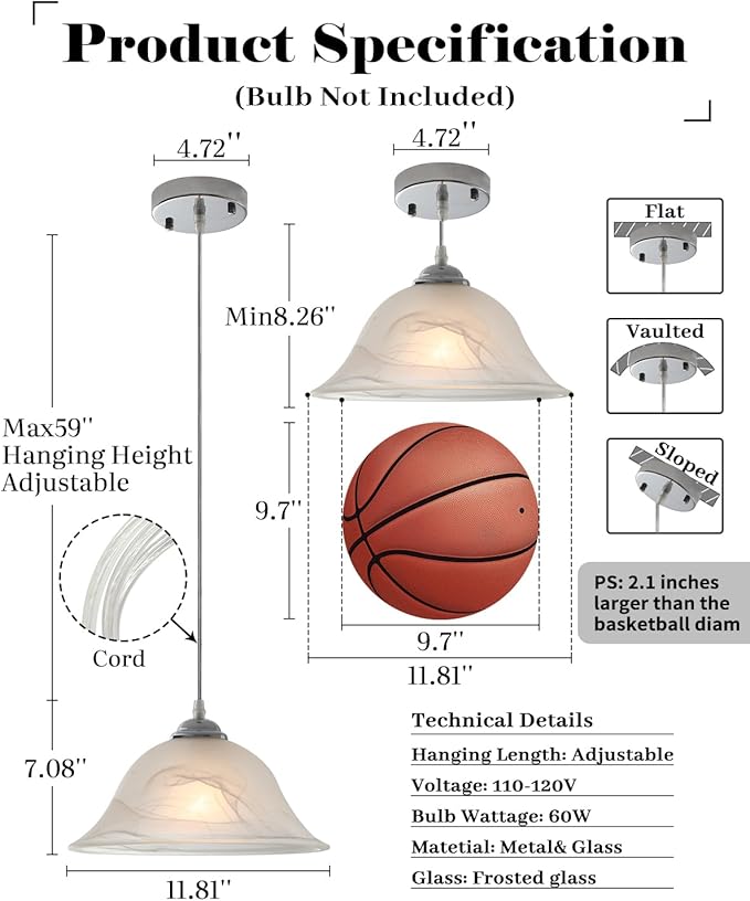 Kitchen Pendant Lighting Over Island, 11.8” White Frosted Glass Pendant Lights, Farmhouse Pendant Lights Kitchen Island, Modern Chrome Kitchen Pendant Light for Dinning Living Room (1 Pack)
