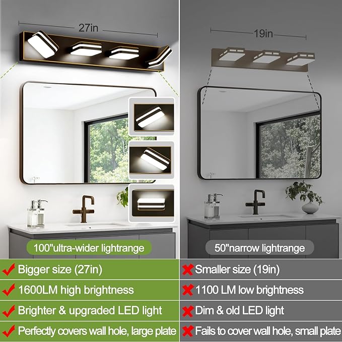 360° Rotate LED Bathroom Vanity Light Fixtures, 1600LM Acrylic Brown and Gold Vanity Lights for Bathroom, Modern Wall Lighting Fixtures Over Mirror Kitchen Living Room (Natural White Light 5000K)