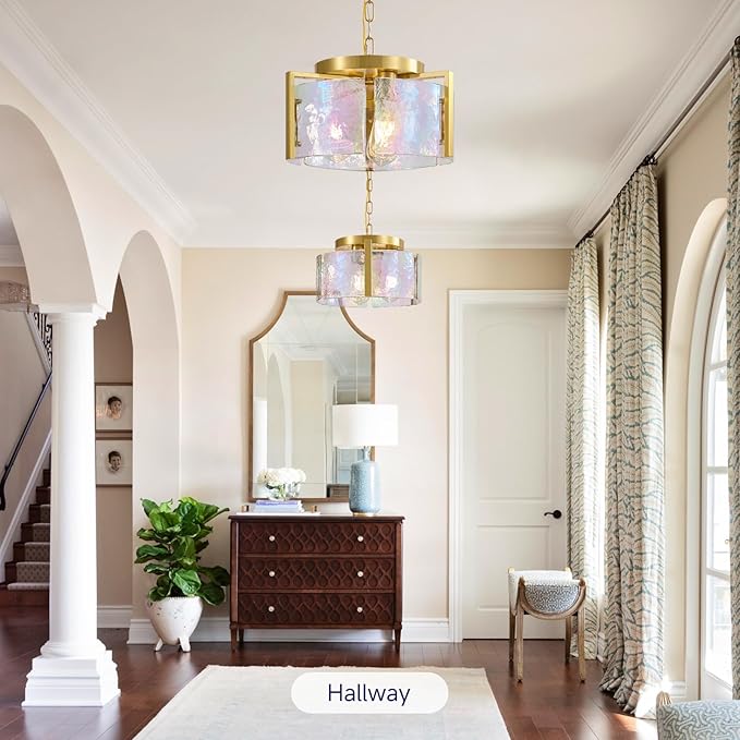Gold Glass Chandelier for Dining Room,3 Light Pendant Lighting Modern Kitchen Chandeliers Over Table Drum Light Fixture Ceiling Hanging Round Chandelier for Bedroom Living room Entryway Foyer Bathroom