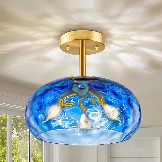 Blue Semi Flush Mount Ceiling Light, 12''& 3-Light Vintage Ceiling Light Fixture, Brass Indoor Hammered Glass Shade for Entryway, Bedroom, Kitchen, Living Room, Hallway, Farmhouse Bulbs Not Included