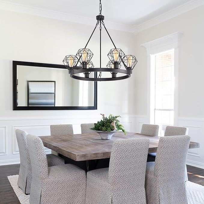 Wagon Wheel Chandelier Modern Farmhouse Pendant Light,Black Farmhouse Chandelier, 6-Light Wagon Wheel Chandelier with Adjustable Height, Dining Room Light Fixture, Hanging Lights
