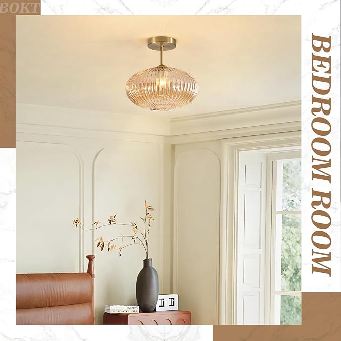 BOKT Amber Glass Flush Mount Ceiling Light Schoolhouse Style Close to Ceiling Lights Set of Two Antique Brass Flush Mount Kitchen Lighting Gold Hallway Ribbed Glass Ceiling Lights