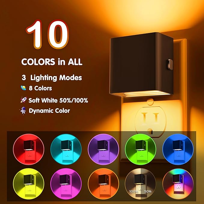 L LOHAS LED Night Lights Plug into Wall,[2-Pack] Plug in Night Light with Dusk to Dawn Sensor,Brightness Adjustable,RGB Color Changing,Dimmable Nightlight for Adults Bathroom Hallway Kitchen