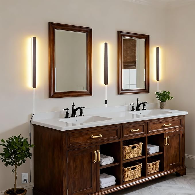 Farmhouse Plug in Wall Sconces, 23.6 inch Faux Walnut Finish LED Long Wall Lights, 12W Warm White 3000K Acrylic Indoor Wall lamp,with 59" Plug Cable for Bedroom, Living Room, Bathroom Makeup, Hallway