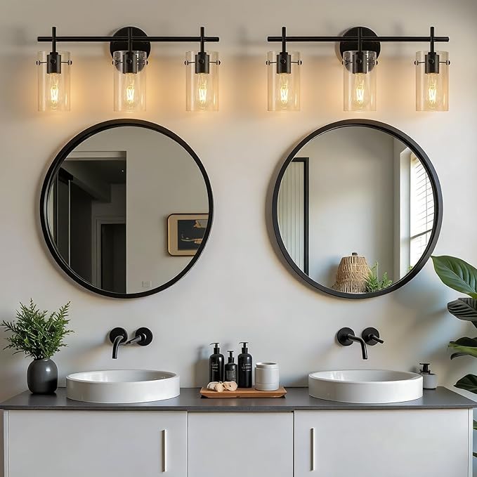 Indoi Bathroom Light Fixtures, 3-Light Matte Black Vanity Light, Black Bathroom Lights Over Mirror with Clear Glass Shade, Wall Sconces for Mirror Bedroom Living Room Hallway