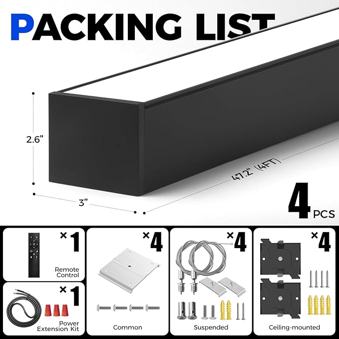 Barrina 7566 Remote Series LED Linear Light Fixture with Remote, 2nd-Generation, 4FT 50W Seamless Connection, 3000K-6000K Color Changing, Dimmable Office Shop Lighting Fixture, Black, 4 Packs