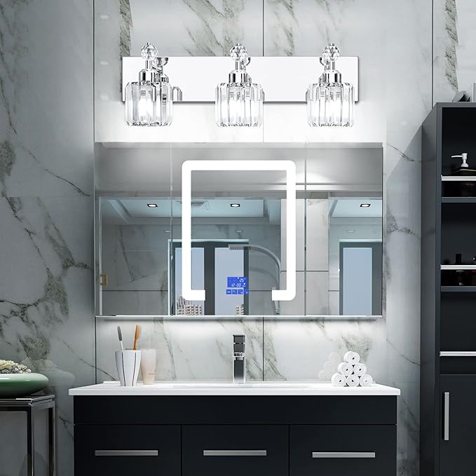 PRESDE 3-Light Crystal Bathroom Vanity Light, Chrom ModernBathroom Lights Fixtures Over Mirror Wall Lamp for Bathroom Bedroom Hallway