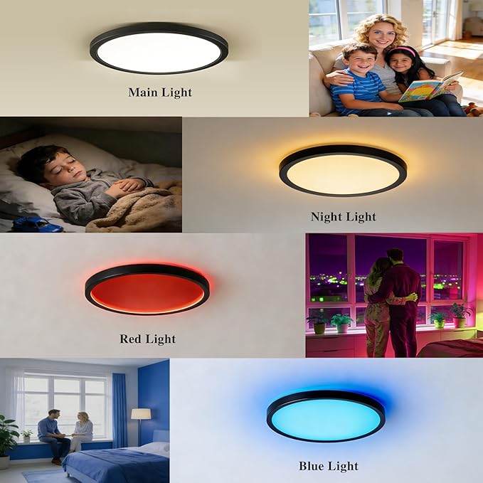Flush Mount Ceiling Light for Bedroom： Led Ceiling Light 12 Inch - RGB Rear Color, Living Room,Black, 1-Pack