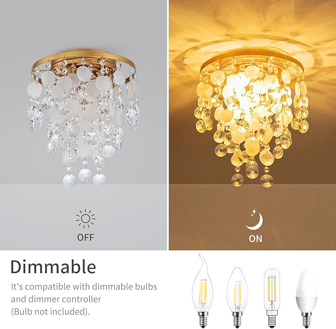 D11 inch Capiz Shell Crystal Ceiling Light, 3-Light Coastal Design Flushmount Close to Ceiling Light Fixture for Foyer, Hallway, Bedroom, D11 x H13 inch, Shell & Crystal & Copper Finish Frame