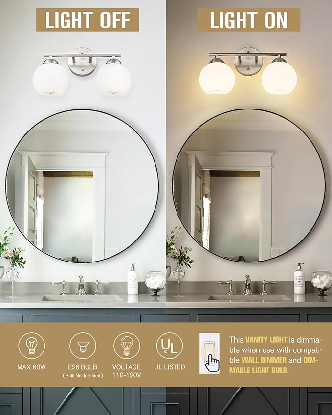 Emak Modern Globe Vanity Lights, Brushed Nickel Bathroom Light Fixtures, 2-Light Bathroom Vanity Light with Milk Glass Shade, VL114-BN-ML-2