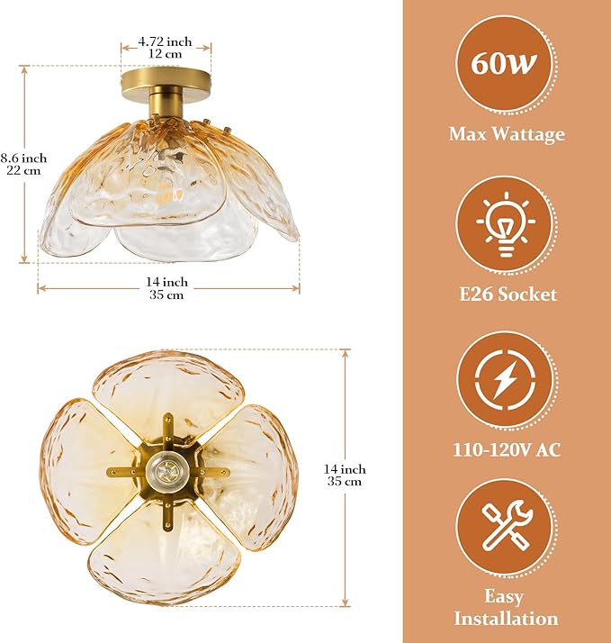 Vintage Semi Flush Mount Ceiling Light,Bronze Ceiling Light Fixtures with Gradient Amber Handmade Leaf Glass for Bedroom,Kitchen,Hallway,Entryway