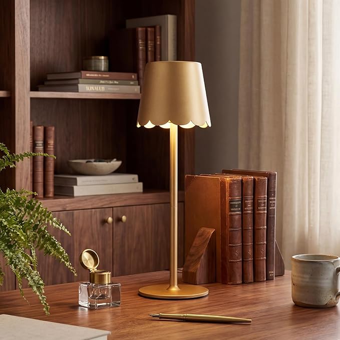 Pickmesh 1 Pack Scalloped Edge Shade LED Cordless Table Lamp 3 Color Dimmable Rechargeable Modern Lamps for Living Room Dining Bedside Desk, 4000mAh Battery Operated(Glod)