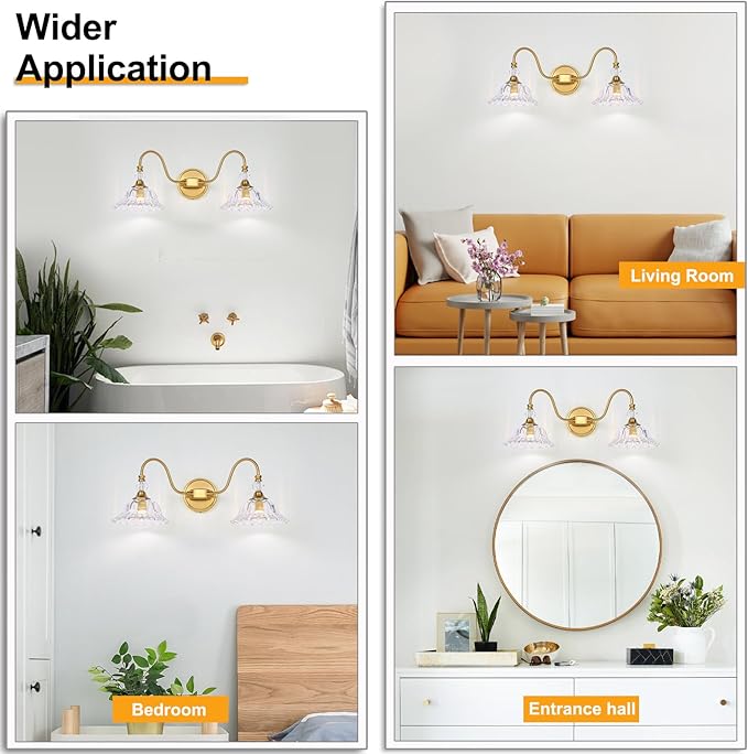 Gold Bathroom Vanity Light Fixtures 2 Lights Vanity Lights for Bathroom with Floral Crystal Glass Shade Modern Wall Lighting Fixtures Over Mirror(Exclude E26 Bulb)