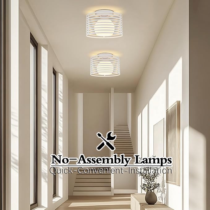 Modern Industrial Semi Flush Mount Ceiling Light, 1-Light White Farmhouse Ceiling Light Fixture with Glass Shade, Hallway Lighting Fixture for Kitchen, Bedroom, Bathroom, Foyer, Laundry room 9.0in