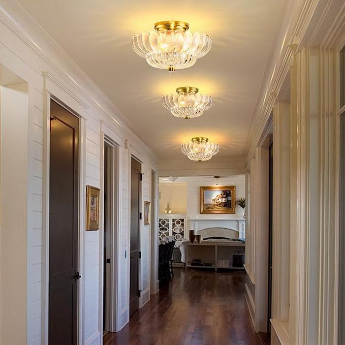 Semi Flush Mount Ceiling Light Fixture Vinatge Gold Ceiling Lights Mid Century Modern Clear Glass Close to Ceiling Lighting Fixtures for Bedroom Hallway Foyer Bathroom Kitchen Laundry Room Nursery
