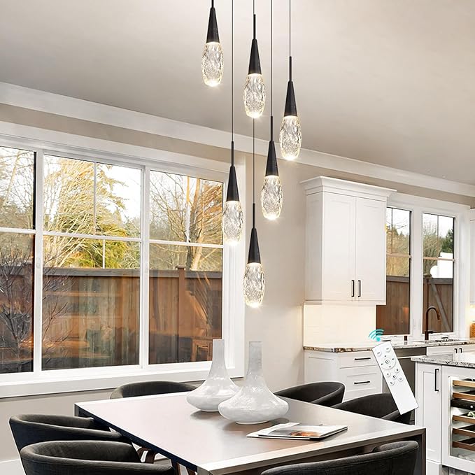 6-Lights Adjustable Pendant Lights for Kitchen Island LED Dimmable Light Fixture Modern Glam Crystal Hanging Lighting for Dining Room Bedroom Black