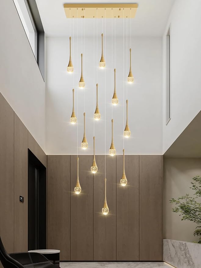 ykolupty 14-Light Modern LED Pendant Lighting Fixture for Kitchen Island Raindrop Crystal Chandelier Gold Chandelier for Dining Room High Ceiling Chandeliers for Staircase Foyer Hallway Villa