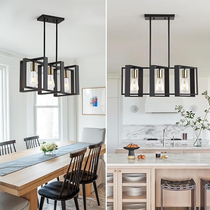 23.6" Island Lighting,3 Lights Dining Room Chandelier, Linear Kitchen Island Lighting for Pool Table Living Room, Foyer Hallway,E26, Black Wood Frame