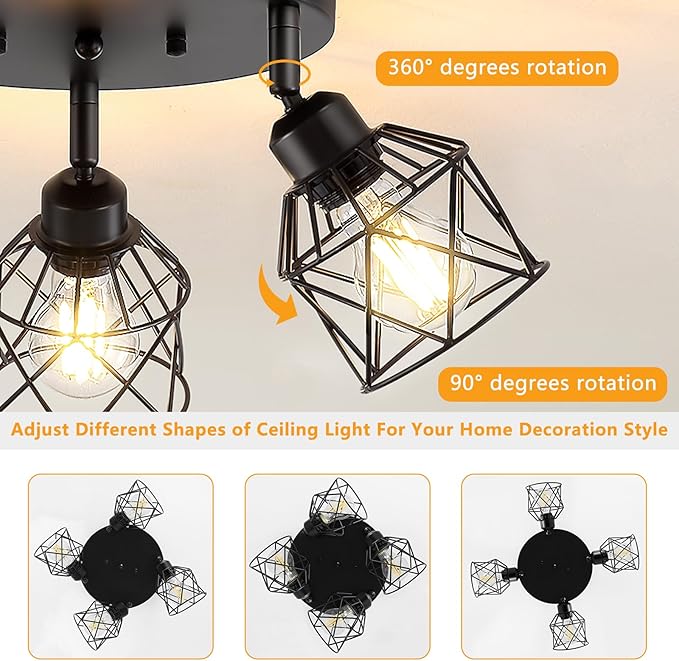 4-Light Kitchen Light Fixtures Ceiling Mount, Adjustable Multi-Directional Black Flush Mount Ceiling Light Fixture, Farmhouse Metal Cage Ceiling Lights for Dining Room Entryway Hallway