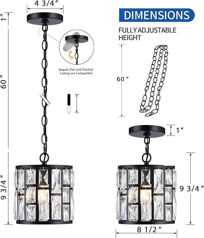 MEXO Modern Crystal Pendant Light,Black Chandelier Light Fixture, Cylinder Adjustable Height Pendant Lights for Kitchen,Dining Room,Living Room,Foyer,Hallway