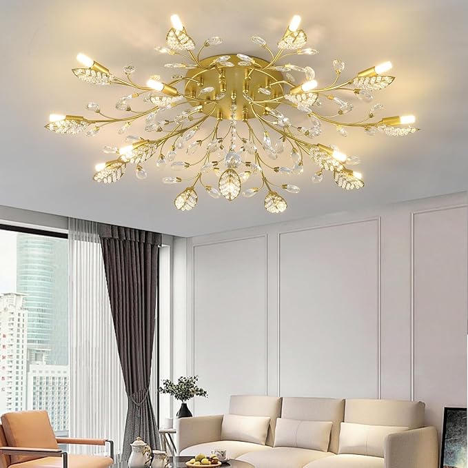 Crystal Ceiling Light Fixture Gold Leaves Semi Flush Mount Ceiling Lights,Kitchen Lighting Fixtures Ceiling for Bedroom Living Room Dining Room Hallway