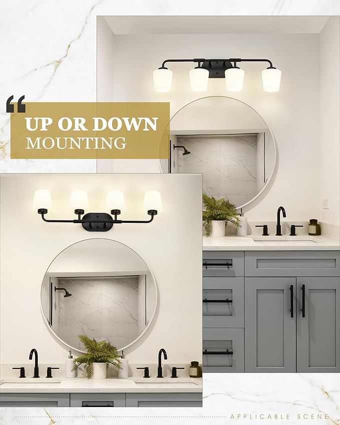 Bathroom Light Fixtures Over Mirror, 4-Light Matte Black Vanity Lighting Fixtures with Milk White Glass, Vintage Farmhouse Wall Sconces Lighting, AD-22004-4W-BK
