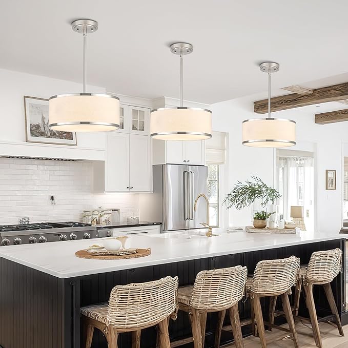 12.6" Drum Pendant Light Fixture 3-Light Brushed Nickel Chandelier with Fabric Shade for Kitchen Dining Room Living Room Bedroom
