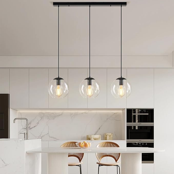 Globe Pendant Light, Modern Hanging Lighting Fixture, Classic Cluster Chandelier with Clear Glass Shades(Black, 3 Lights, 27.6 Inch)
