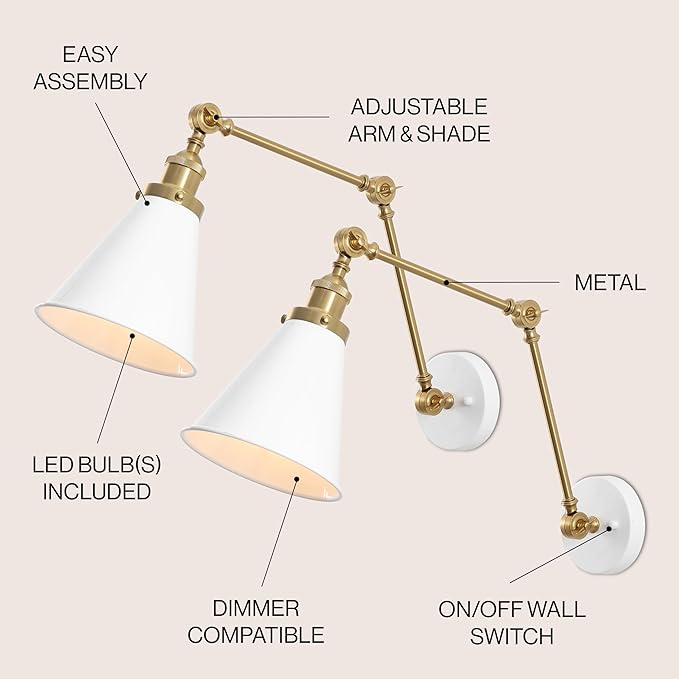 JONATHAN Y 7" White/Brass Gold Classic Industrial Metal Adjustable Arm LED Wall Sconce for Bedside Reading, Farmhouse Swing Arm Wall Lamp with Metal Shade, Hardwired (JYL7462B-SET2)