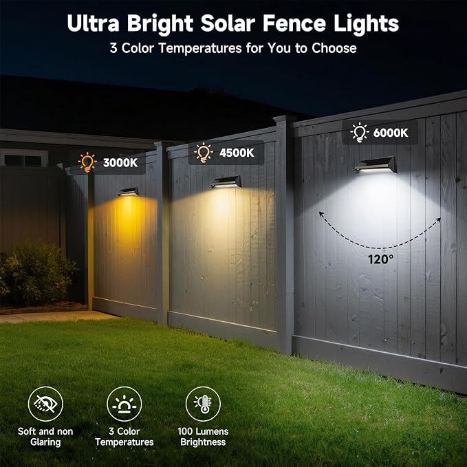 4 Packs Solar Fence Lights Outdoor with 3 Lighting Modes, 100Lumens Waterproof Solar Powered Fence Lights, 1500mAh Battery Fence Solar Light Powered for Patio, Railing, Wall