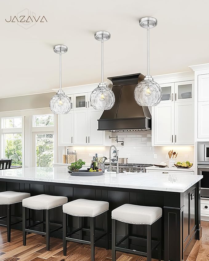 8 Inch Modern Farmhouse Pendant for Kitchen Island, Adjustable Height Hanging Fixture with Hammered Glass, Brushed Nickel, Dining Room Entryway - PL101HBN-L