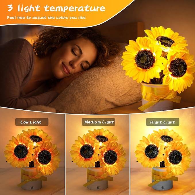 2 Sets Sunflower Lamp Gift for Women, Mother's Day Birthday Gifts for Women, Mom, Shimmering Sunflower Lamp with Cards Ribbons Gift Box Rechargeable Table Night Light for Anniversary Decor