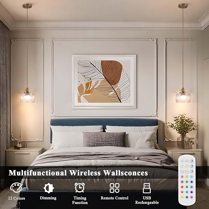 Battery Operated Pendant Light,Vintage Light Fixtures 2500mAh 6.6in RGB Light Bulb with Remote Control Wireless Adjustable Rechargeable Chandelier for Kitchen Island Hallway 1Light