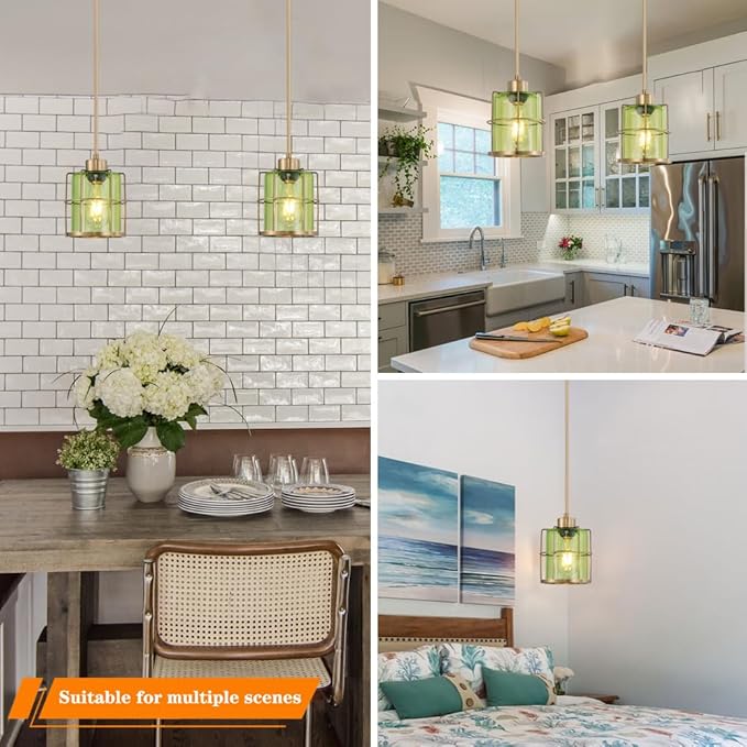 Farmhouse Pendant Lights Kitchen Island Set Of 2, Black Kitchen Pendant Lighting Over Sink, Adjustable Bathroom Pendant Lights, Ceiling Hanging Fixture With Green Glass For Dining Room Hallway