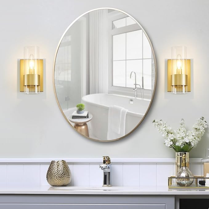 WUZUPS Set of 2 1-Light Bathroom Wall Light Fixture Over Mirror Flat Class Shade Morden Vanity Scones for Bathroom Bedroom Living Room, E12 Base, Gold