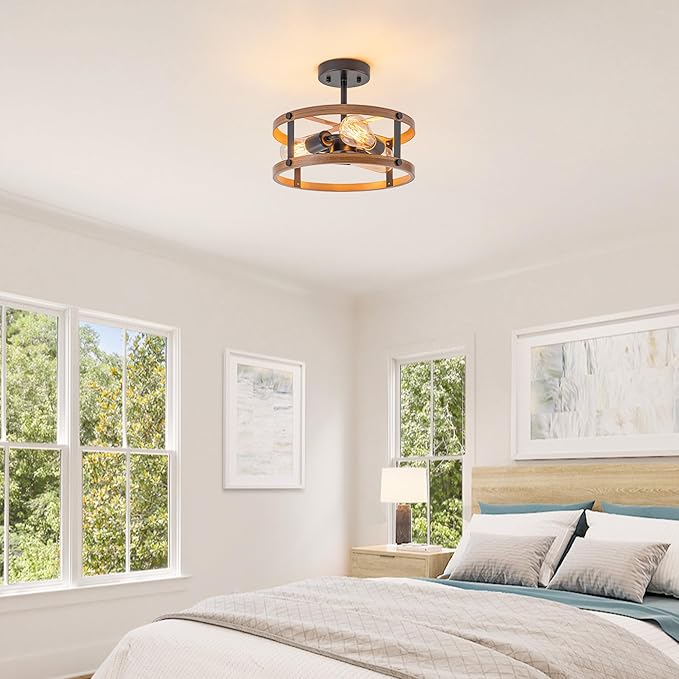 Farmhouse Semi Flush Mount Ceiling Light Fixture, Rustic 3-Light Flush Mount Light Fixture with Wood Grain Finish, Retro Ceiling Lamp for Hallway Entryway Bedroom Dining Room